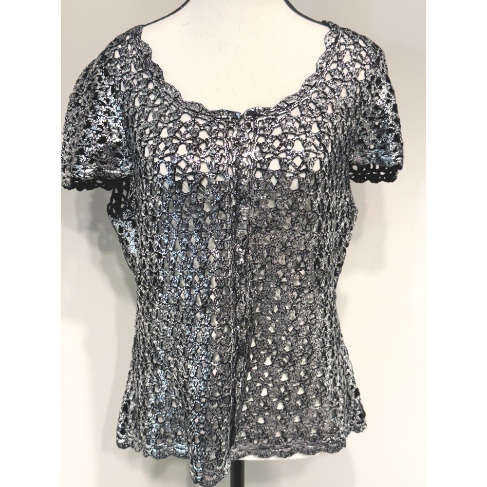Vintage Albero Makali Large 100% Cotton Metallic Crochet Knit Top Short Sleeve
